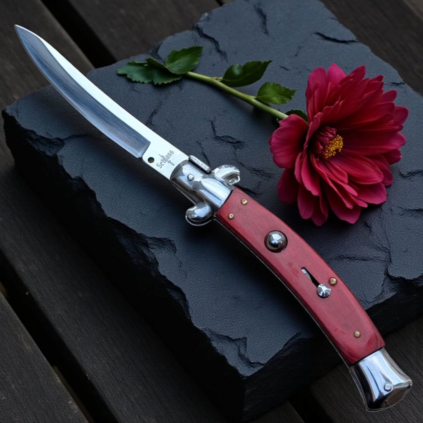 SCHLASS - Couteau de poche automatique cran d'arrêt Lame Incurvée Marron/Argent - SCHLASS