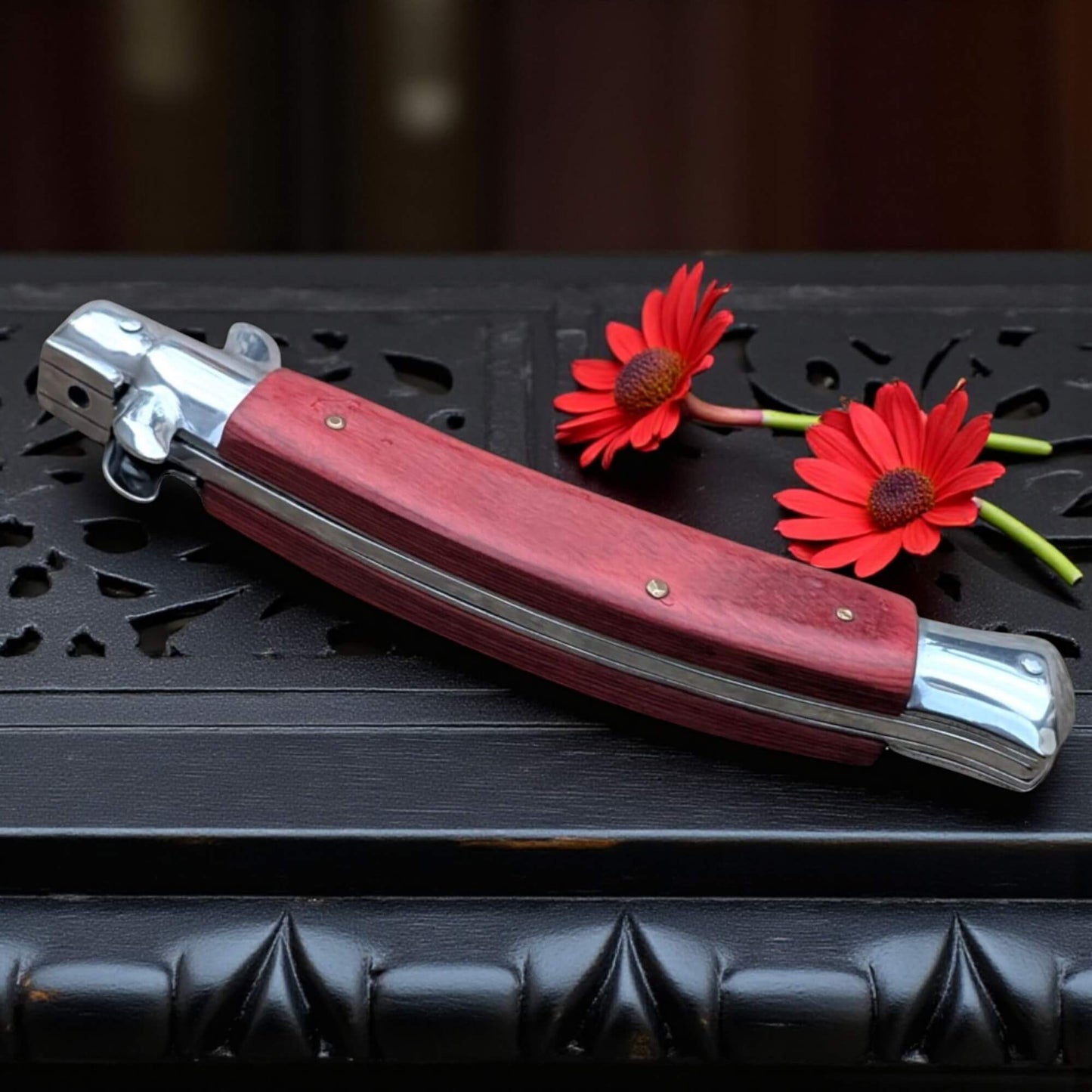 SCHLASS - Couteau de poche automatique cran d'arrêt Lame Incurvée Marron/Argent - SCHLASS