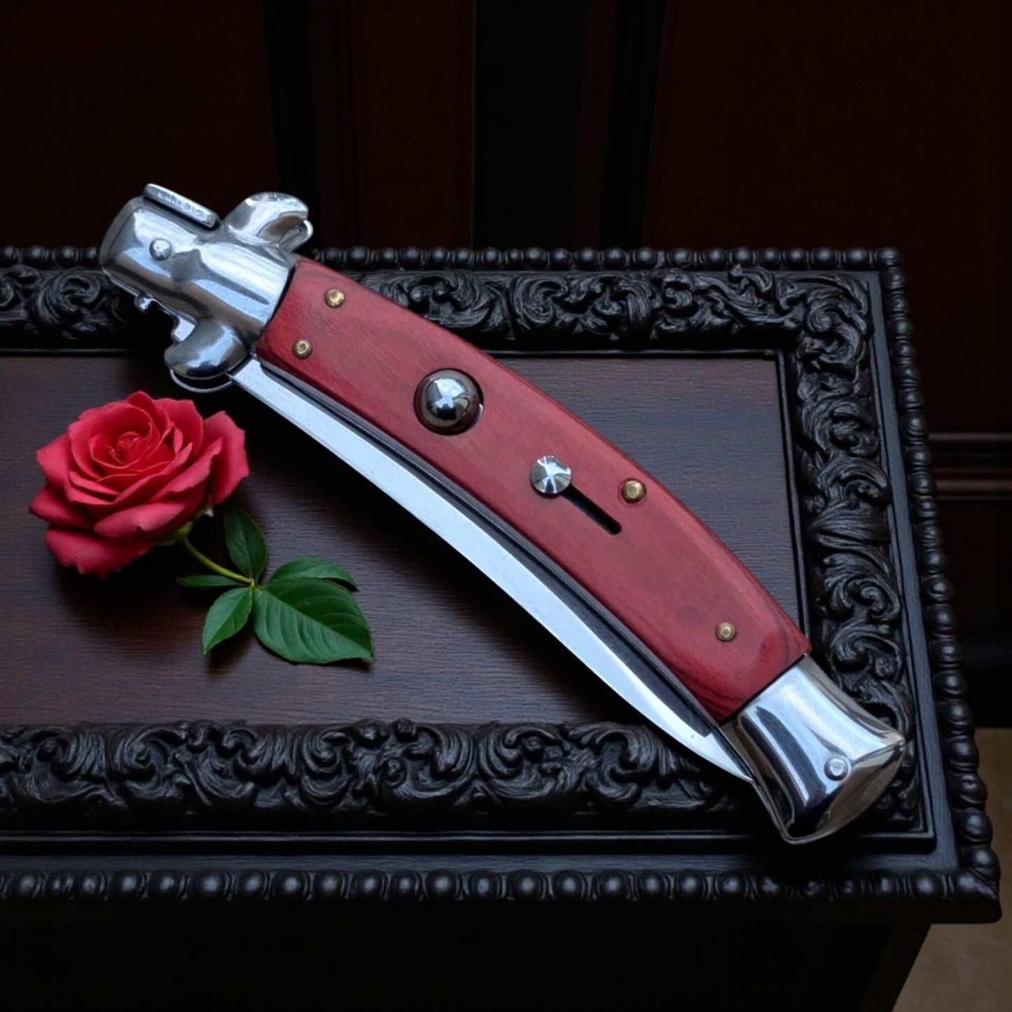SCHLASS - Couteau de poche automatique cran d'arrêt Lame Incurvée Marron/Argent - SCHLASS