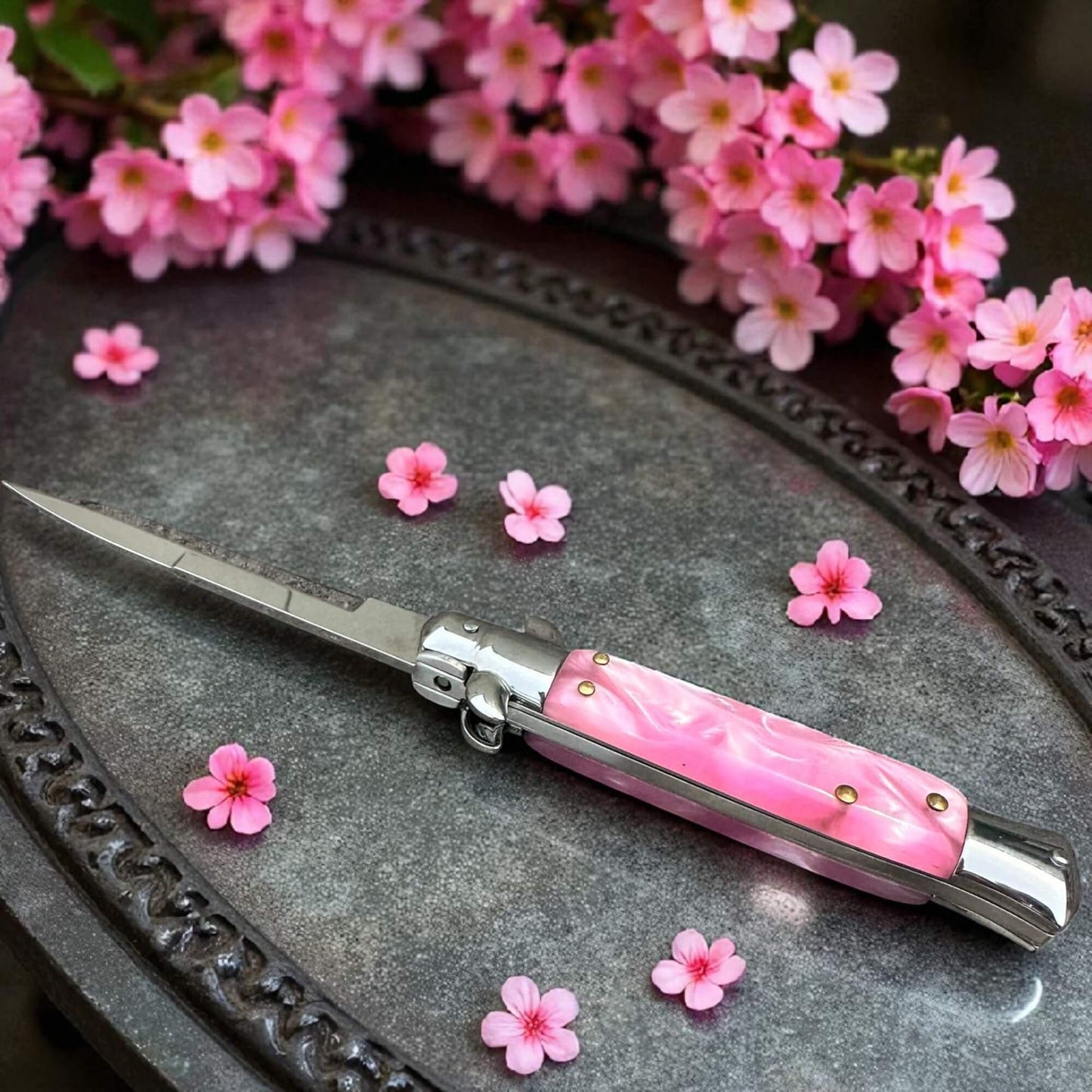 SCHLASS - Couteau de poche automatique cran d'arrêt pour femme défense, cadeau couleur Rose/Argent