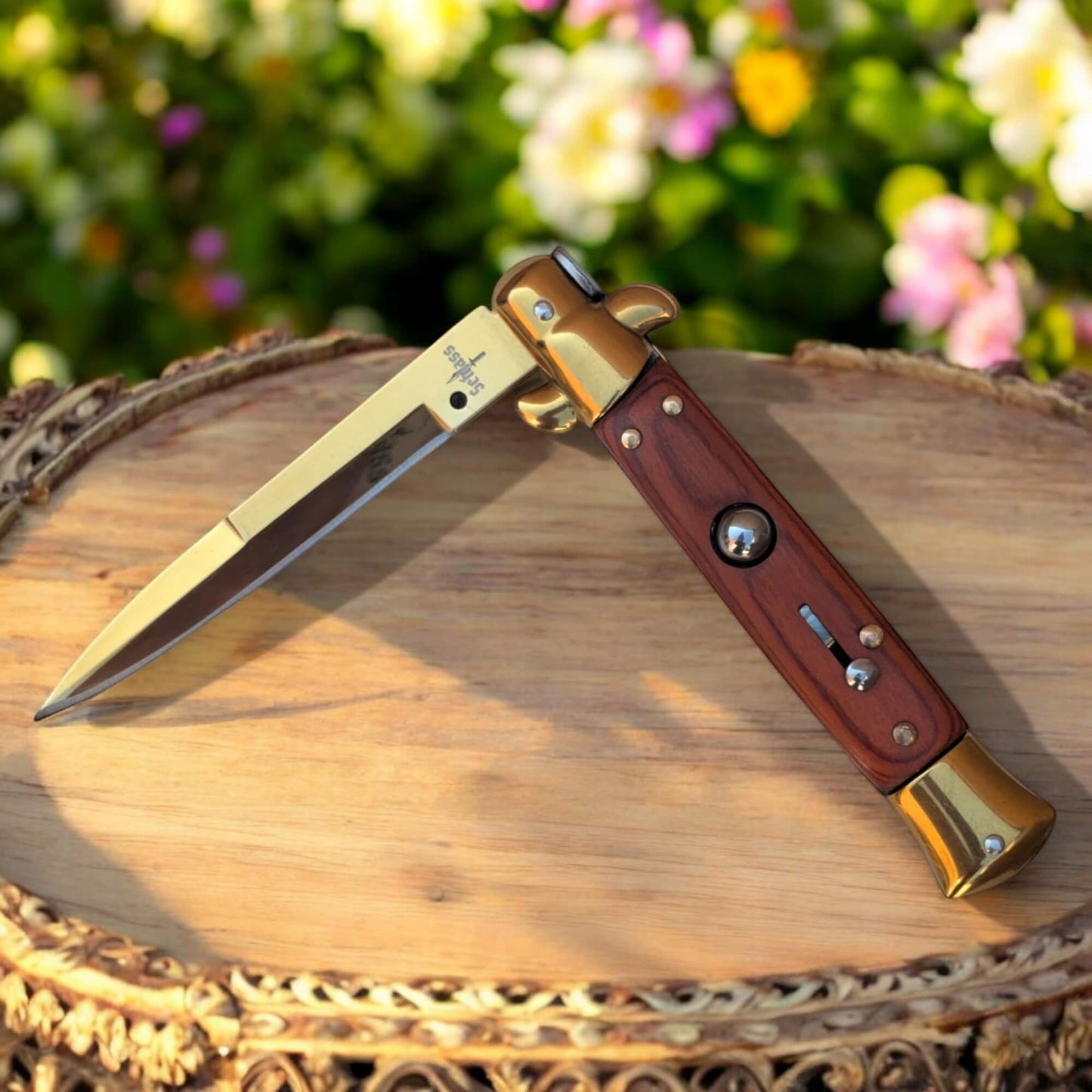 Couteau de poche automatique à cran d'arrêt Schlass marron doré