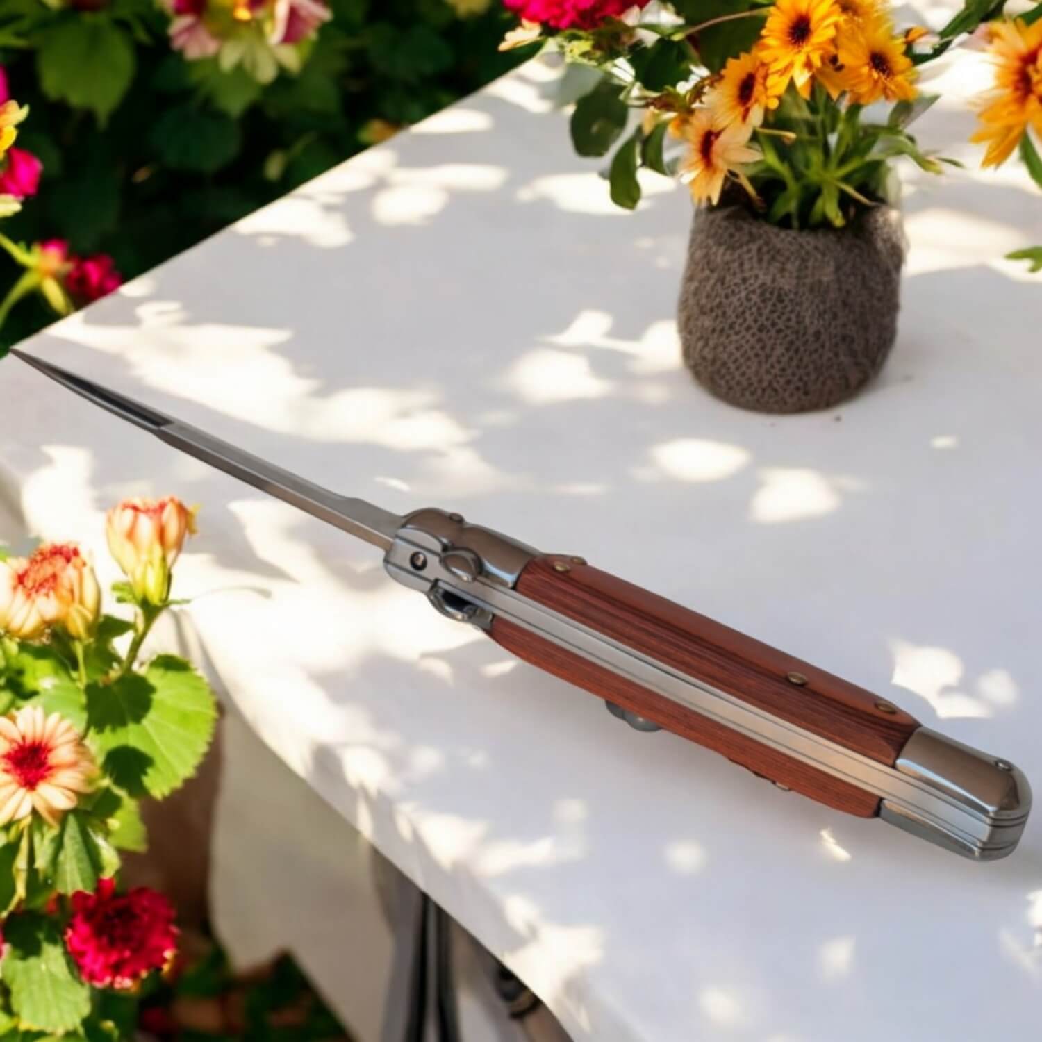 Couteau de poche à cran d'arrêt ouverture automatique marron argent ouvert de dos