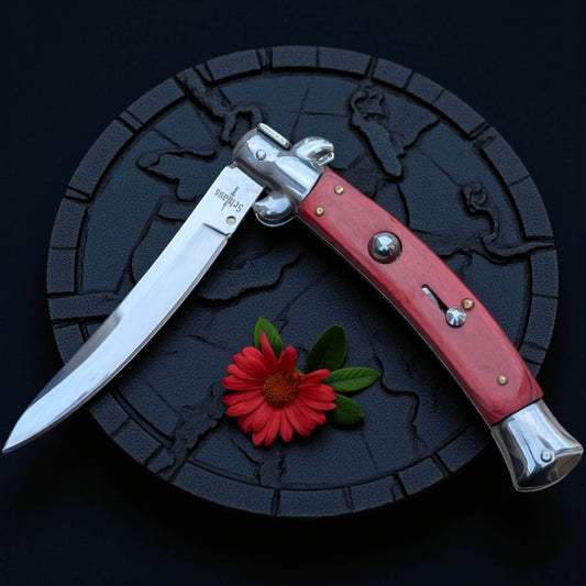 SCHLASS - Couteau de poche automatique cran d'arrêt Lame Incurvée Marron/Argent - SCHLASS