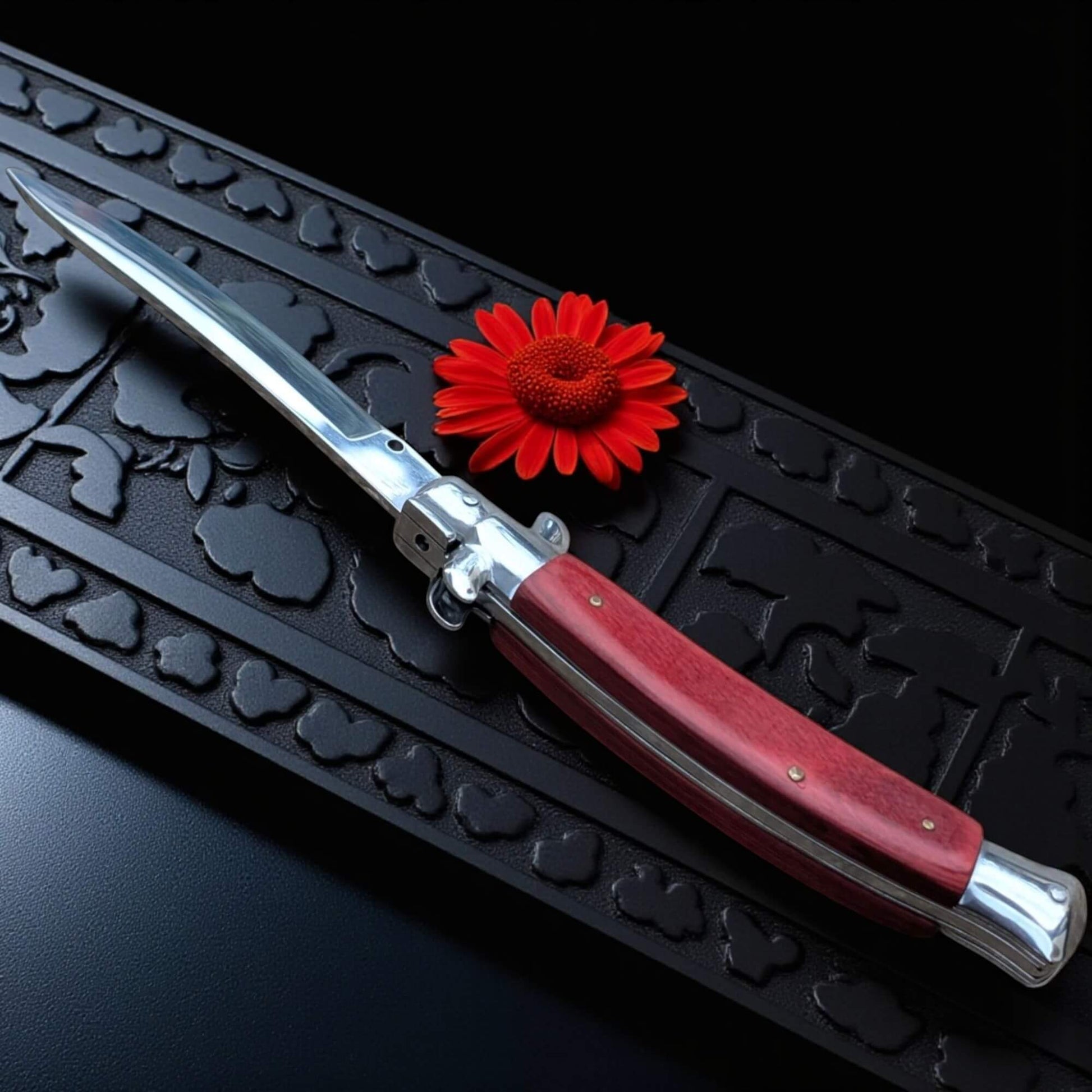SCHLASS - Couteau de poche automatique cran d'arrêt Lame Incurvée Marron/Argent - SCHLASS