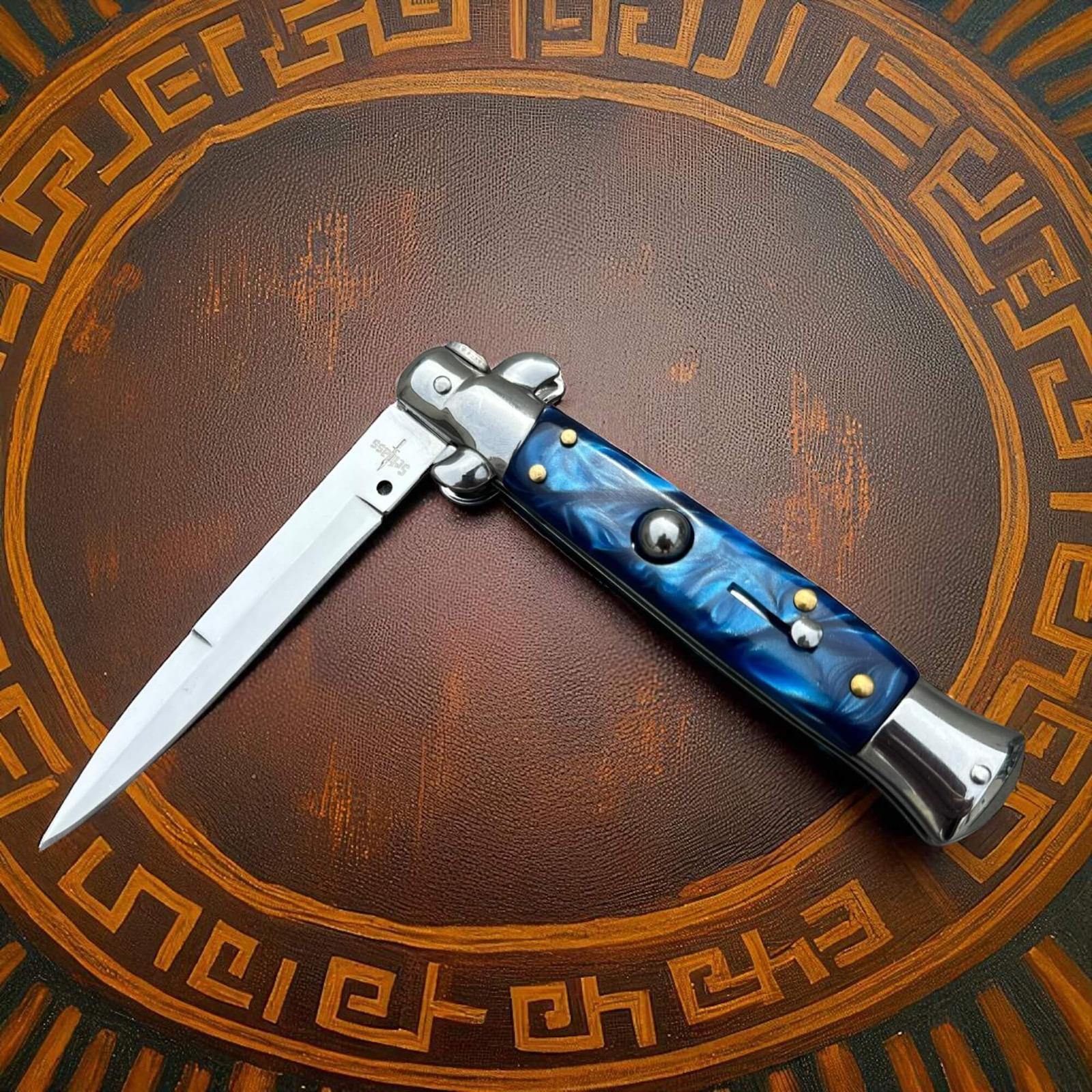 Couteau de poche automatique à cran d'arrêt de la marque Schlass Bleu/Argent