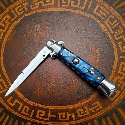 Couteau de poche automatique à cran d'arrêt de la marque Schlass Bleu/Argent