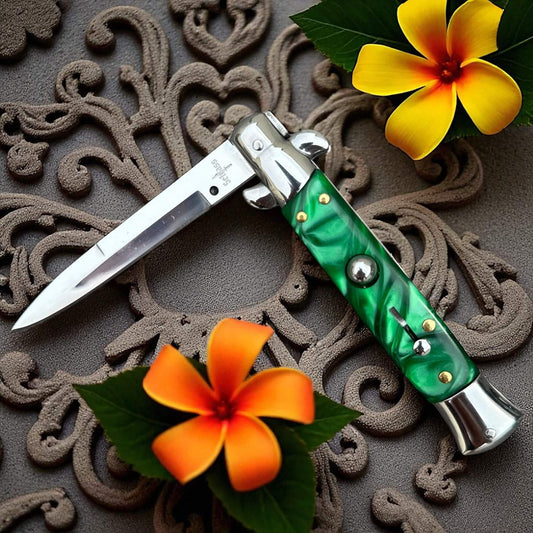 Couteau automatique Schlass - Ouverture et éjection rapide, lame argent manche vert - cadeau idéal pour anniversaire ou collectionneur  