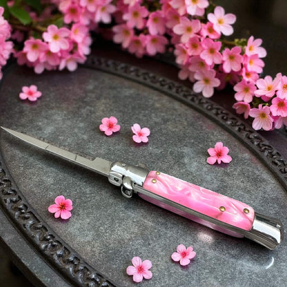 SCHLASS - Couteau de poche automatique cran d'arrêt pour femme défense, cadeau couleur Rose/Argent 