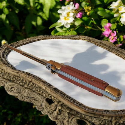 Couteau de poche automatique à cran d'arrêt Schlass marron doré ouvert de dos