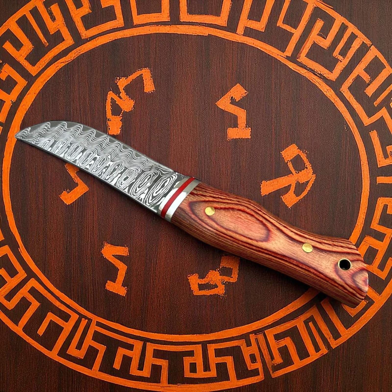 Couteau de poche manche en bois lame damas pour chasse, randonnée 