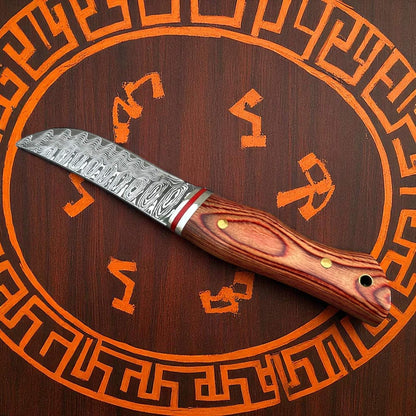 Couteau de poche manche en bois lame damas pour chasse, randonnée 