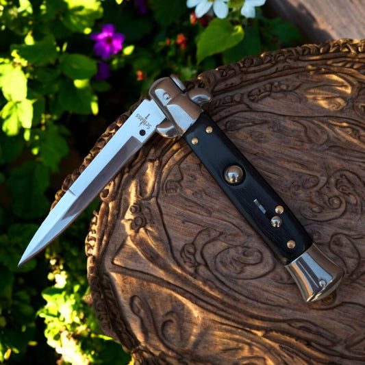 Couteau de poche automatique à cran d'arrêt noir argenté  ouverture automatique type stiletto