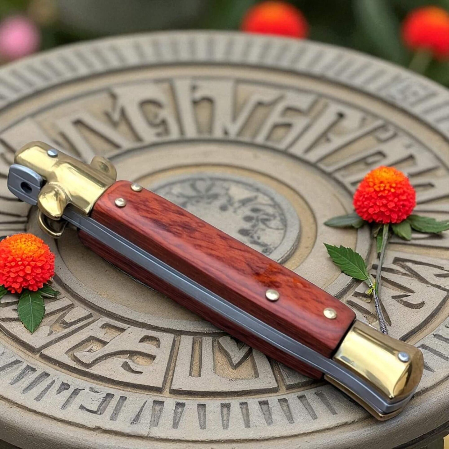 Couteau de poche automatique Schlass manche en bois lame serpentine couteau de poche de survie EDC