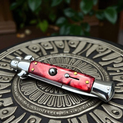 SCHLASS - Couteau de poche stiletto rouge argent ouverture automatique cran d'arrêt. 