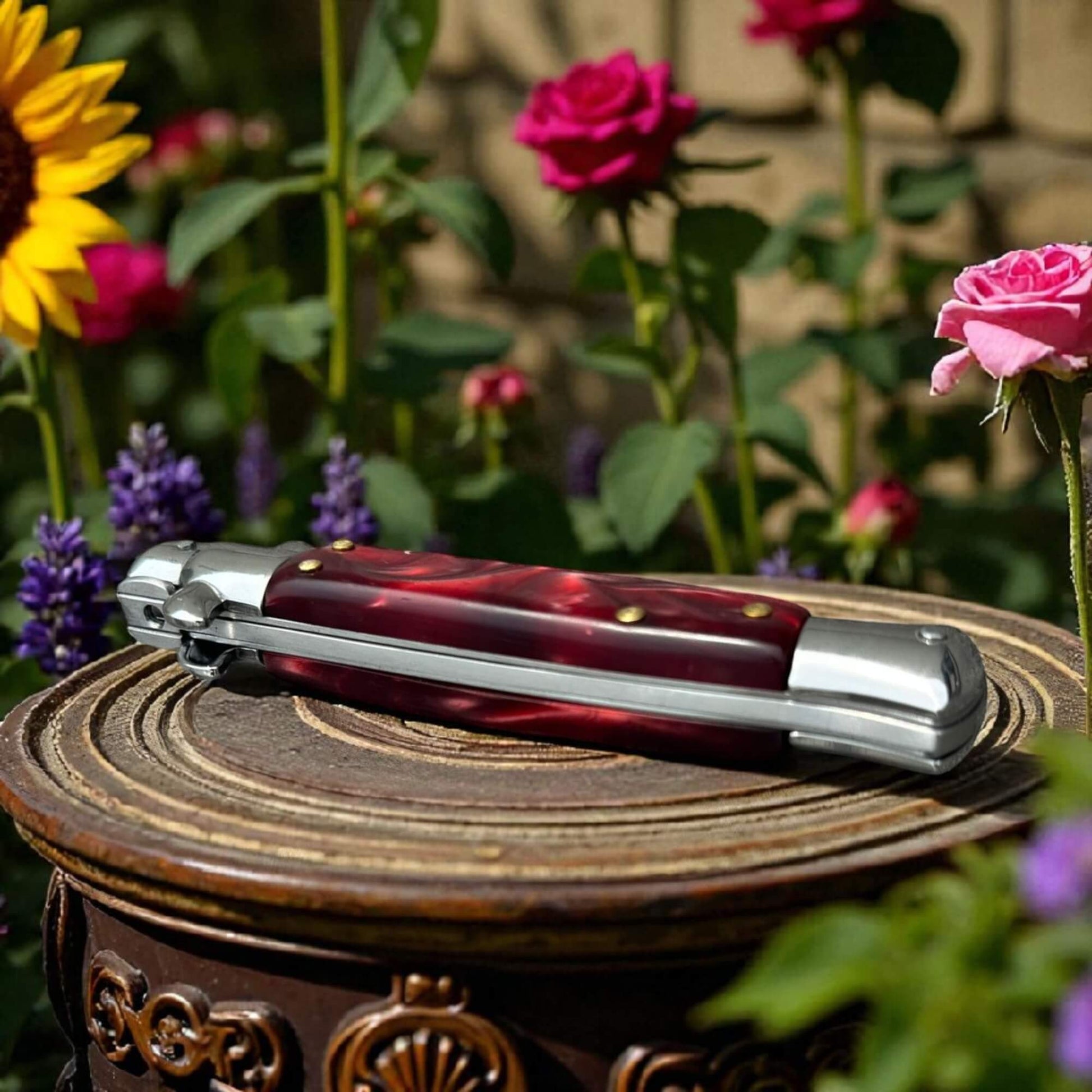SCHLASS - Couteau de poche automatique cran d'arrêt rouge type Stiletto