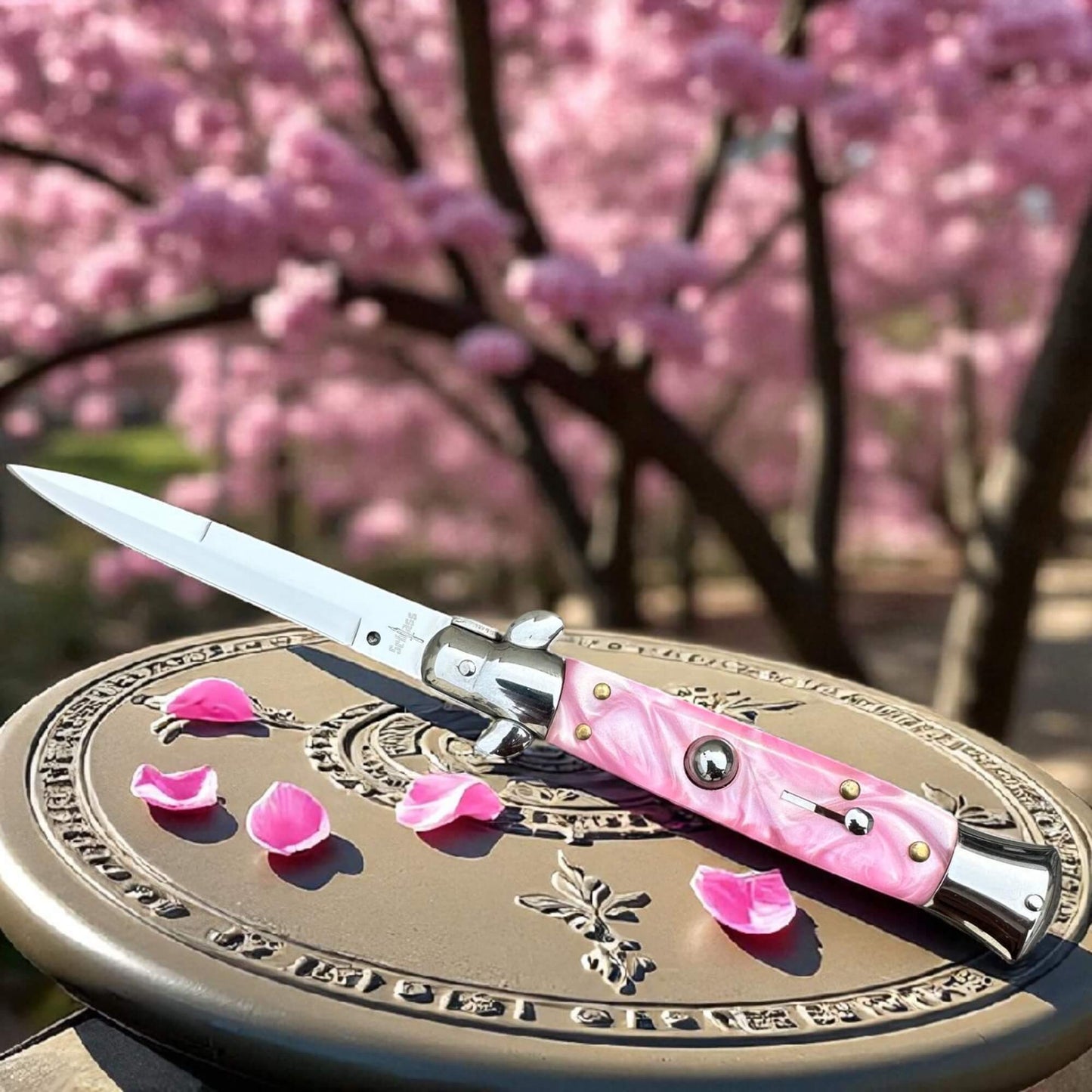 SCHLASS - Couteau de poche automatique cran d'arrêt Rose/Argent . Idée cadeau femme