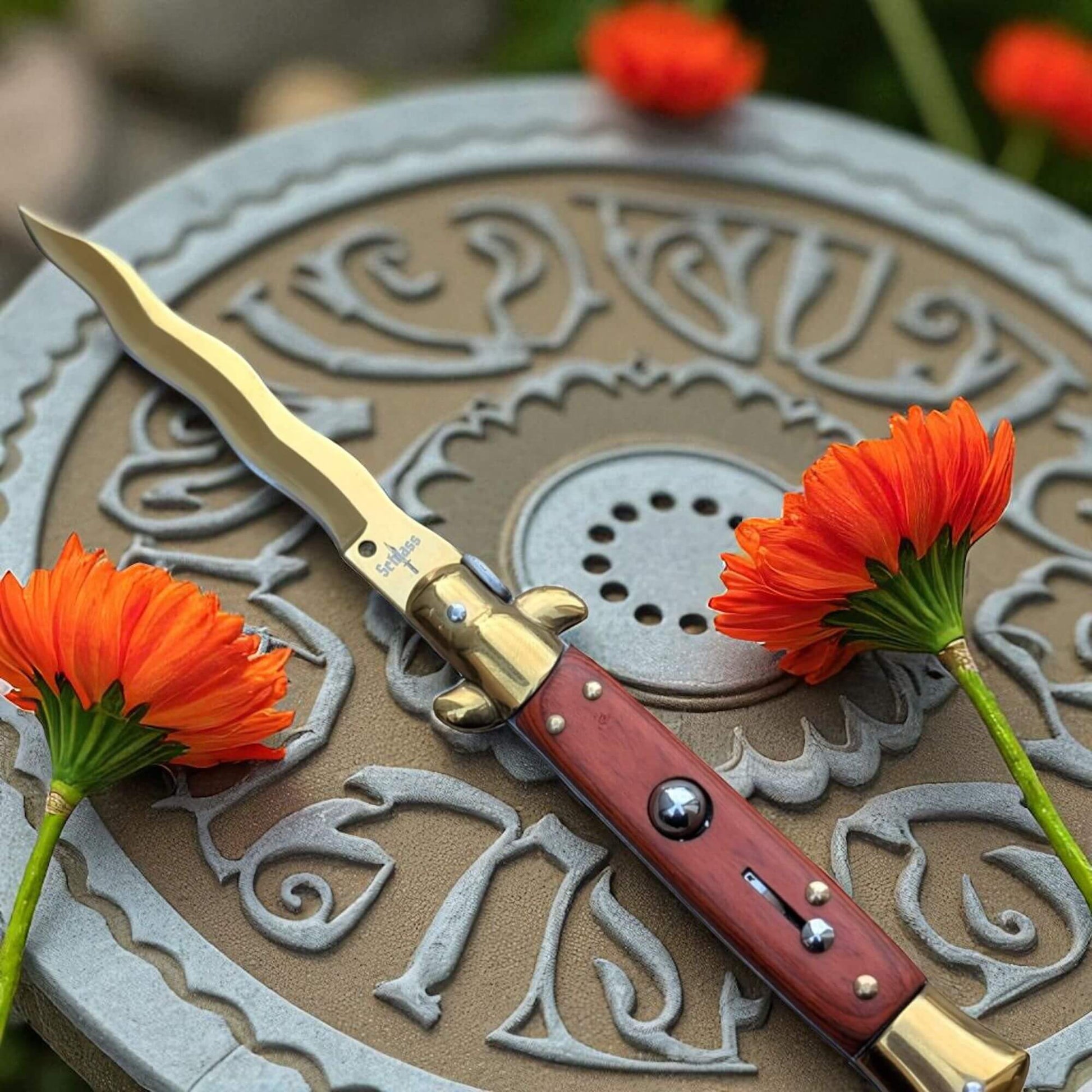 Couteau automatique Schlass cran d'arrêt marron doré idée cadeau pour homme