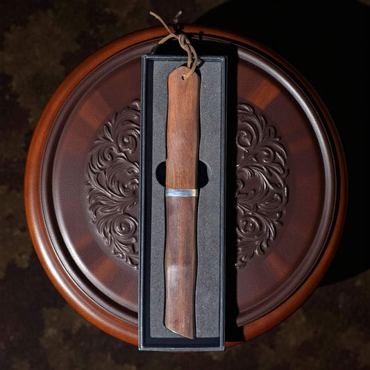 L'Essence - Couteau de poche en bois avec fourreau lame en acier damas