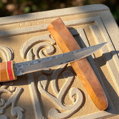 L'écorché - Couteau de poche incurvé en bois avec fourreau lame incurvé acier damas - SCHLASS