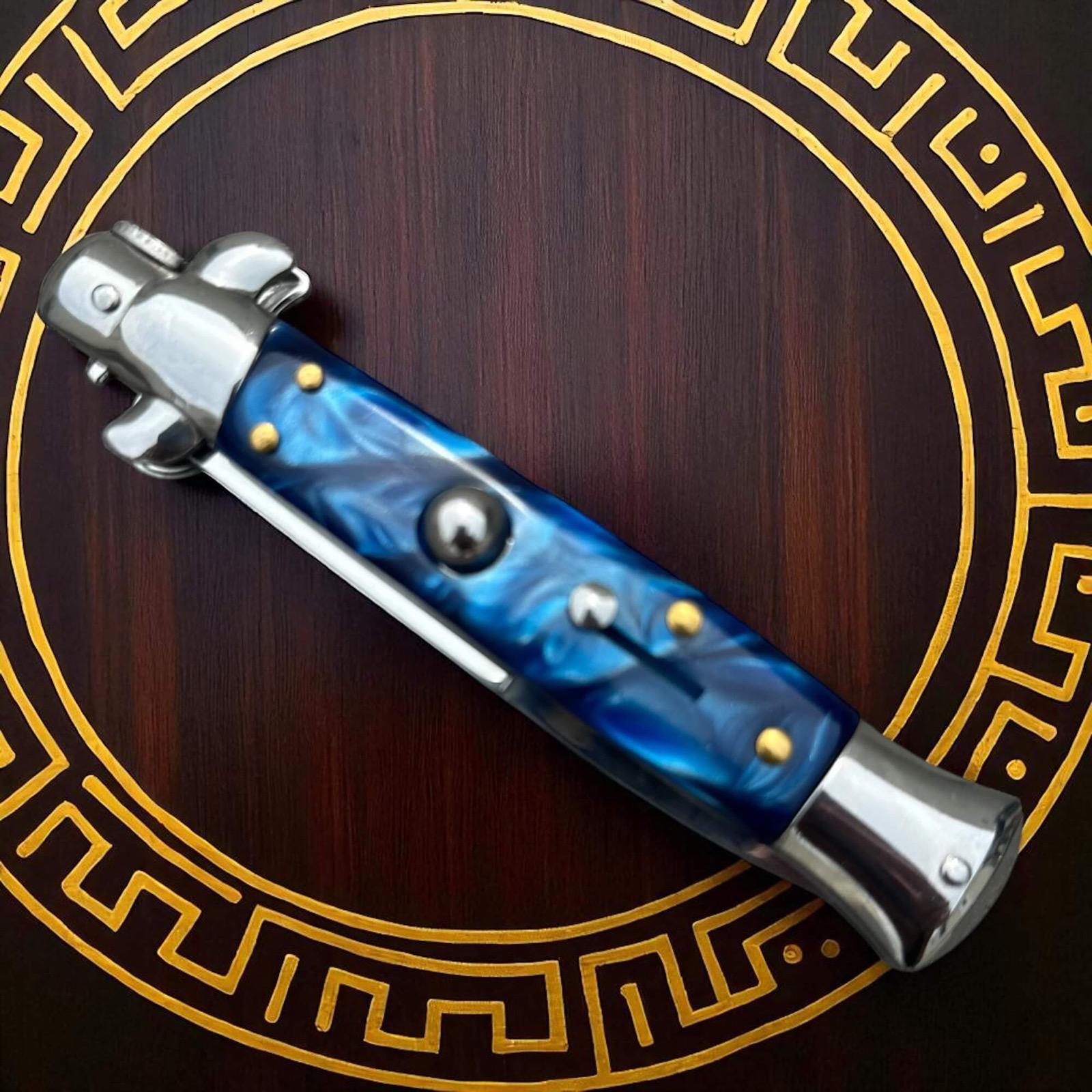 Stiletto couteau de poche automatique bleu/argent, idée cadeau exceptionnelle signé Schlass 